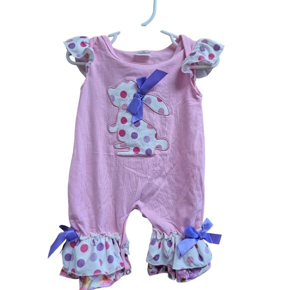 Pink Baby Girl Romper With Polka Dot Bunny Applique & Bows Ruffle Sleeves & Bott - Picture 2 of 8
